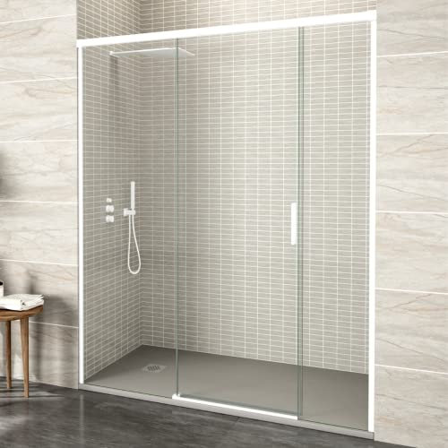 Mampara de Ducha Frontal Corredera | Cristal templado 6mm ANTICAL | Mampara Frente de Ducha de 2 Fijos + 1 Puerta Central | Altura 195cm | Transparente 220cm (Adaptable 215,1-220cm)