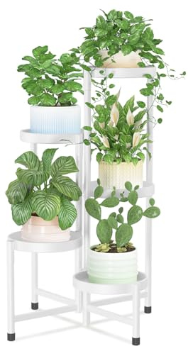 iDavosic.ly Étagère d'angle en métal à 5 niveaux pour intérieur et extérieur, antirouille pour pot de fleurs,Étagère pliable à plusieurs niveaux pour terrasse, salon, bureau (5 niveaux, blanc)