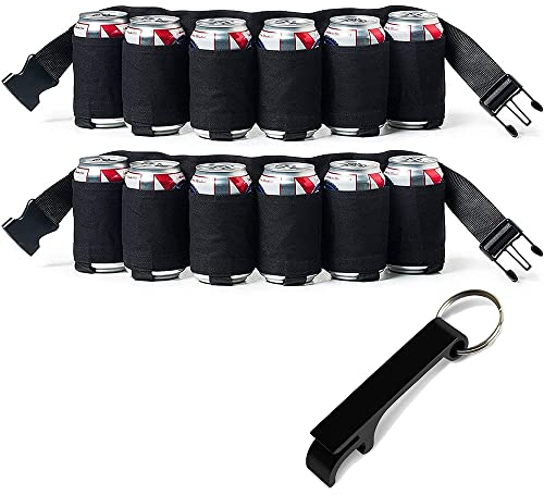 HBSTK 2 Stück Biergürtel Bierhalter Dosengürtel Flaschenhalter Portable Trinker Bier Soda Kann für6 Getränke mit1 Stück Flaschenöffner Für Camping Reisen Klettern Wandern Outdoor (Schwarz)