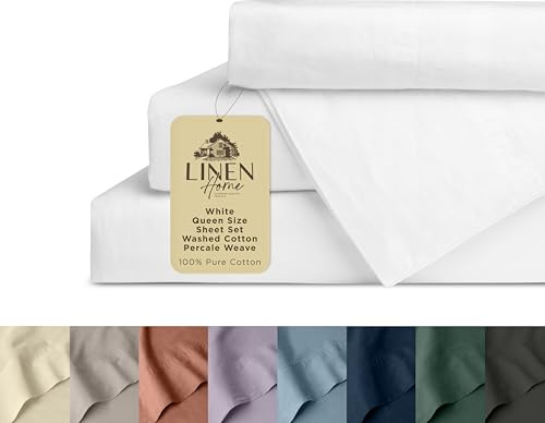 Linen Home Washed Cotton Percale Queen Sheet Set, White, Preshrunk, 4 Pieces Sets - 1 Flat, 1 Deep Pocket Fitted Sheet & 2 Envelope Closure Pillowcases, Soft, Cool and Comfortable Bed Linen