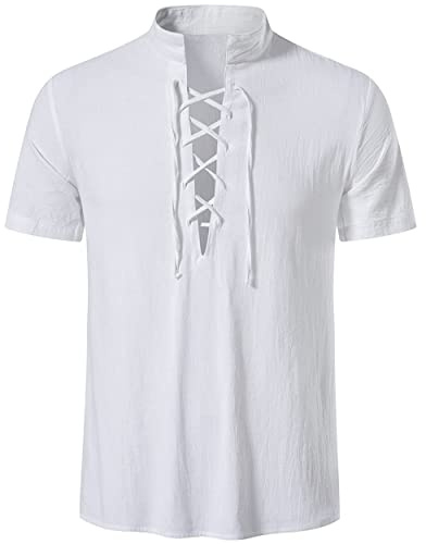 LUYANA Herren Mittelalter Kostüm Leinenhemd Kurzarm Shirt | Herren Hemd Mittelalterliches Schnürhemden, Wikinger Hemd, Piraten Vintage Kostüm Tops, Urlaub, Freizeit, Festlich
