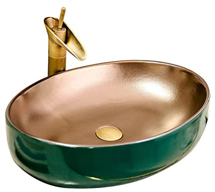 Badezimmer-Waschbecken aus Keramik, über der Theke, ovales Badezimmer-Waschbecken, 21,6 LX 15,7 WX 5,5 H, künstlerisches Porzellan-Keramik-Waschbecken, Waschschüssel, Badezimmer-Waschbecken (Bianc