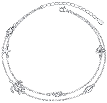 Flyow Fußkettchen für Frauen, S925 Sterling Silber, verstellbarer Fuß, Meeresleben, Schildkröte, Muschel, Seestern, Muschel, Knöchelarmband, Fußkettchen, Strandschmuck