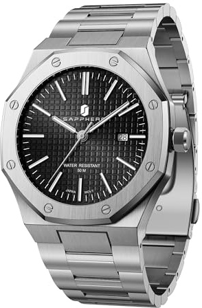 SAPPHERO Uhren Herren Quarzwerk Silber Edelstahl Armband 50M Wasserdicht Datum Kalender Schwarz Blau Herrenuhren Armbanduhr Geschenke für Männer