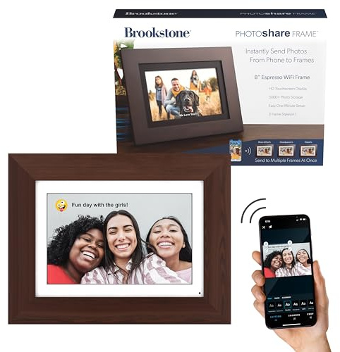 Brookstone 8” WiFi Digital Photo Frame | Send Photo or Video from Phone to Digital Picture Frame with Free PhotoShare Frame v2 app | End-to-End Encryption | Quick Easy Setup | Espresso Wood