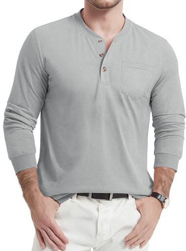 TACVASEN Henley Shirt Herren Langarm Baumwolle T-Shirt Atmungsaktiv Freizeitshirt Männer Tshirt Casual Unterziehshirt (M, Hellgrau)