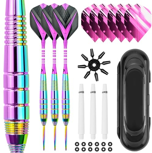 twirush Dartpfeile mit Metallspitze 24 Gramm(Der ganze Pfeil), Profi Steeldarts mit Metallspitze Steeldarts Set mit 6 Flights 3 Aluminium Schaft 12 Anti-Lose Gummiringe, und 1 Dart Case (Purple)