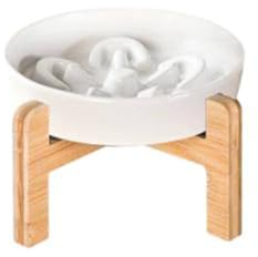 Gamelle Anti-Glouton pour Chat et Petit Chien - Céramique avec Support en Bambou - Surélevée pour Prévenir Vomissements, Indigestion, Obésité - Grand Bol Double (Blanc)