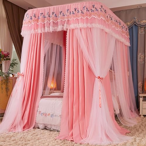 Rosa Himmelbett-Vorhänge, 4-Eck-Pfosten-Betthimmel, doppellagige Spitzen-Stickschicht, gemütliche Drape-Netz-Himmelbettvorhänge für Mädchen und Erwachsene, Bettvorhänge für komplet