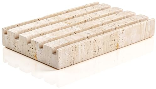 WORHE Beige Seifenschale, natürlicher Travertin-Seifenhalter, 12x8x1.8 cm | Schwammschale mit selbstentwässerndem Hoder, geeignet für Dusche, Waschtisch, Küche, SpüleDesign (WH045)