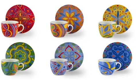 Excelsa Puebla Set 6 Tazzine da Caffè, Porcellana, Capacità 70 Ml, Multicolore