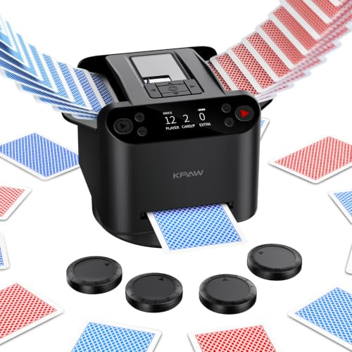 KPAW 2-in-1 Automatic Card Shuffler & Dealer - Support 12 Players, 4 Drawing Remotes, Built-in Gameplays, 360°/180° Deal, Adjustable Dealing Distance, for Poker, UNO, Phase 10, Skip-Bo, Rummy
