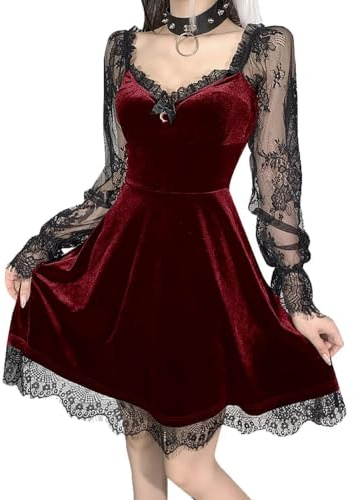 DINGJIUYAN Gothic Velvet Corset Dress Lace Mini Dress | Long Sleeve,Vintage,Goth,Party,Halloween,Cosplay,Evening,Outfits