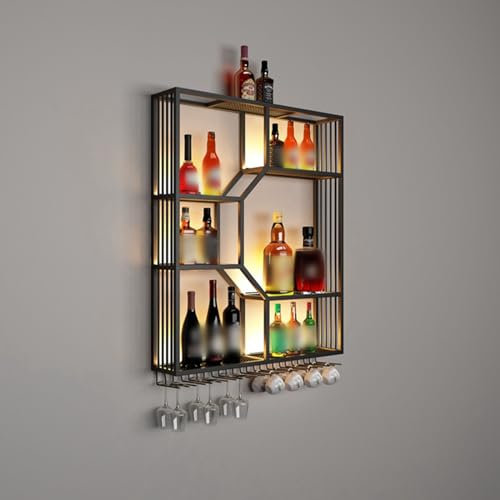 GLMGBP Weinglasregal, Wandmontage, Weinlagerregale, Eisen-Metallrahmen, Bar-Einheit, schwebende Regale, großer Stauraum, platzsparend, für Küche, Bar (Farbe: Schwarz)