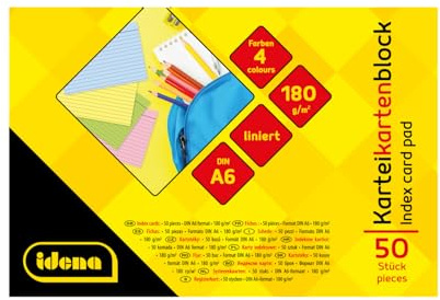 Idena - Karteikarten DIN A6, 50 Stück liniert, Lernkarten aus 180 g/m² FSC-Mix Papier in 4 Farben, für Schule und Büro