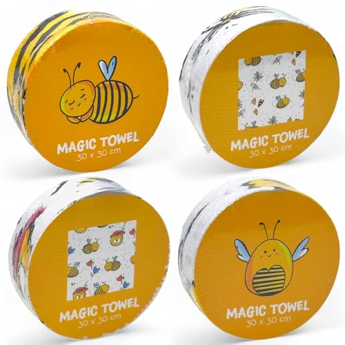 MIJOMA Magische Handtücher Süße Bienen, 4er Set Baumwolle 30 x 30 cm | Waschlappen entfaltet sich in warmem Wasser, weiche Haptik, bunte Motive, für Bad, Gäste-WC & Reise, platzsparend