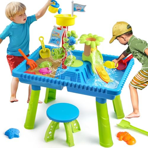 KNASON Wasserspieltisch Kinder Outdoor,2 IN 1 Sand und Wasserspieltisch mit 37 Teilen Wassertisch Zubehör,Großer Activity Sensory Table Spielzeug auf Hinterhof Strand Sommer für Kinder 3 4 5 8