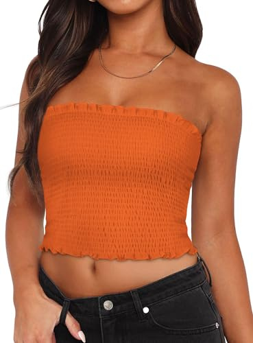 florynova Camiseta de tubo para mujer, sin espalda, plisada, ajustada, sin mangas, Naranja sólido, M