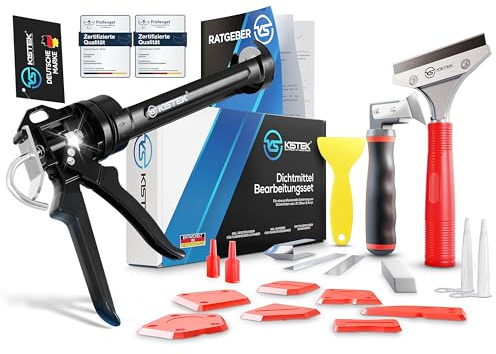 KISTEK® Profi Bundle – All in One Silikonentferner Werkzeug Set 26-tlg. inkl. Ersatzklingen zur Erneuerung von Acryl & Silikonfugen + 24:1 Profi Kartuschenpresse mit gummierten Griffen & Ratgeber
