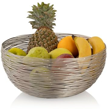 Amago home Obstkorb ø 30 cm H 13 cm Brotkorb Obstschale Metall rund Silber o. Gold dollce Metall Drahtstruktur Farbe Silber