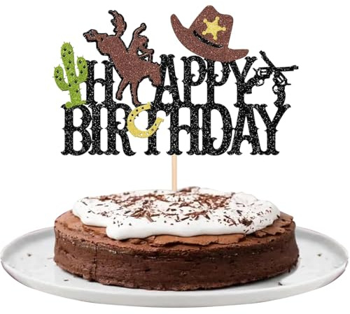 SYKYCTCY 1 Pack Cowboy Happy Birthday Cake Topper Glitter Hat Horseshoe Cactus Gun Cowboy Cake Pick for Western Cowboys Theme Happy Birthday Party Cake Decorations Supplies
