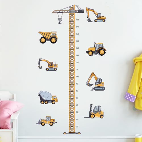 Wandtattoo Messlatte Kinder, Höhe Diagramm Wandaufkleber mit Skala | Wandtattoo Kinderzimmer, Height Wall Sticker, Baum Baufahrzeug Wandsticker Wandbild Wanddeko für Jungen, Mädchen, 20-200 cm