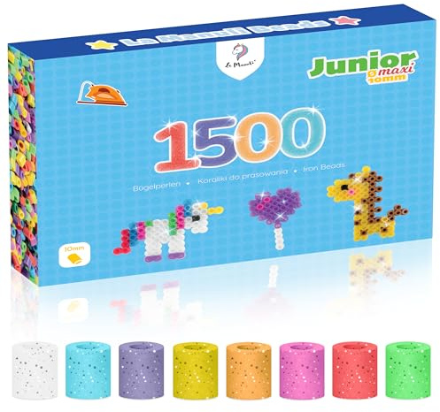 La Manuli Große Bügelperlen 10mm - 1500 Stück XL Steckperlen für Kinder ab 3 Jahren, Nachfüllset Bastelperlen (Glitzer farben)