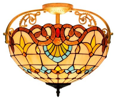 CraftedGlass Lámpara de techo estilo Tiffany semiempotrada de 16 pulgadas con vitrales, estilo barroco amarillo, lámpara de techo vintage for sala de estar, comedor, dormitorio y pasillo.