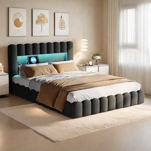 KRYZOR Polsterbett Bubble Bett 180x200 mit bettkasten, Doppelbett mit Lattenrost und weicher Rückenlehne, Kopfteil mit LED und USB, Jugendbett Flachbett Bettgestell, Leinen, Grau (Grau, 180×200cm)