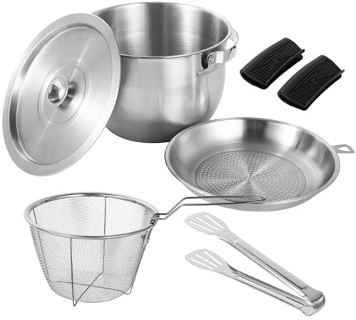 YOFAPA Deep Fryer Pot Stainless Steel Oil Filter Set with Lid, Includes Frying Basket, Strainer, Pot Clips & Food Clip, Versatile Oil Filter Pot for Grease Storing, Kitchen Cooking