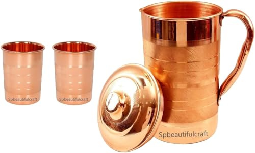 HRS India Brocca per acqua in rame puro 1500 ml con 2 bicchieri in rame 300 ml Silvertouch Water Drinking Storage Pot Ayurveda benefici per la salute