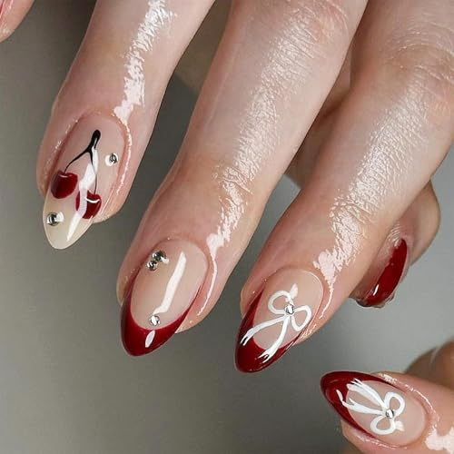 Valentine's Day Nails Press On With Fruit Designs French Styles Fashion Stick On For Parties And Daily Wear French Tip