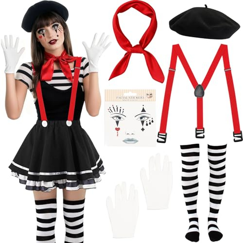 Disfraz de circo de 6 piezas para mujer, disfraz de pantomima, disfraz de payaso con boina, bufanda, guantes, calcetines, tirantes, disfraces de carnaval para Halloween, carnaval, fiesta