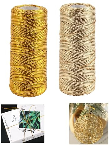 2 Pieces Decorative Metallic String, 100M Gold Twine String, 1.5MM Gold Thread Wrapping Twine, Gold String for Baubles for DIY Crafts, Hanging Christmas Ornaments, Wedding Favors (Gold, Rose Gold)
