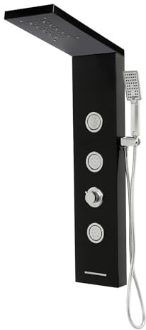 Pannello doccia con illuminazione a LED, montato a parete, colonna doccia in acciaio inox, nero, azionato idraulico, soffione a pioggia e doccetta per bagno Wellness SPA