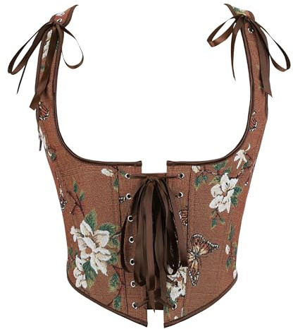 Renaissance Underbust Corset Top for Women Going-Out Bodyshaper, Brown, M | Medieval Vintage, Floral Tank, Lace-Up, Boned, with Straps, Zipper, for Daily Western Ren Faire Fairy Halloween