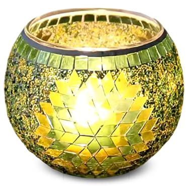 Mosaik Glas Kerzenhalter, Vintage Crack Glas Teelichtgläser, 10,3 x 8 cm, Romantischer Kerzenständer, Votivkerzenhalter für Zuhause, Hochzeit, Geburtstag und Weihnachten, Grün