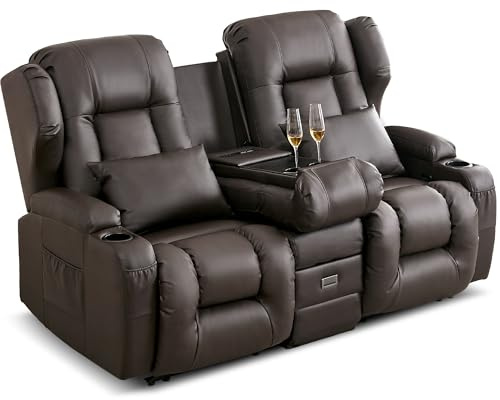 SITURAY 2er Relaxsessel mit Liegefunktion, Zweisitzer Fernsehsessel 2 Sitzer TV Sessel mit Konsole, Manuell Verstellbar Doppel Kinosessel bis 360 kg (Hellbraun)