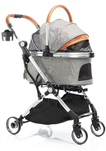 2-in-1 Hundebuggy zusammenklappbar, Hundewagen Aluminium mit abnehmbarer Hundetragetasche für kleine bis mittelgroße Hunde und Katzen bis 15kg, mit EVA Rädern, atmungsaktivem Verdeck und Stauraum