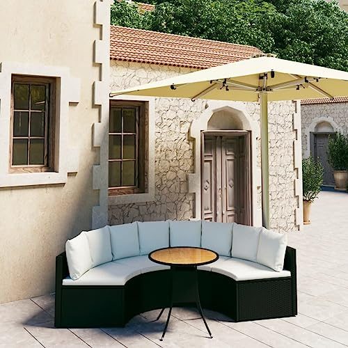 RCODSSK 5-TLG. Garten-Sofagarnitur Poly Rattan Schwarz mit Auflagen, Outdoor Sofagarnitur mit Akazienholz Tisch, schwarzes Rattan Sofa Set, Garten Lounge Set Poly mit gepolsterten Kissen