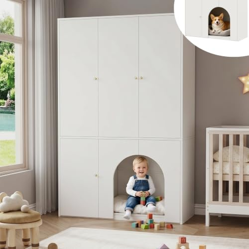 Drehtürenschrank 120x50x200cm Weiß, mit Haustierhöhle, Kleiderstange | 3-in-1 Hochschrank: Kleiderschrank, Haustierhöhle & Spielbereich. Schafft Ordnung für die ganze Familie. Robustes MDF – 77 kg
