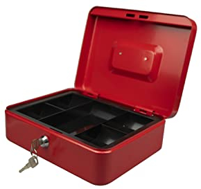 Hyfive® Petty Cash Box 8 200mm Supplied With 2 Keys and Removable Change Tray, Perfect Secure Storage For Loose Change, Red Metal Cash Box