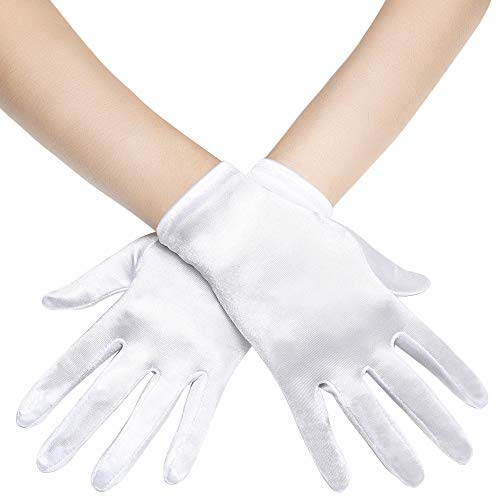 BABEYOND Kurze Satin-Handschuhe für Frauen – Seiden-Opern-Hochzeits-Braut-Handschuhe, Teeparty, Bankett, Kostüm, 1920er-Jahre, Flapper-Zubehör, Weiss/opulenter Garten, Einheitsgröße