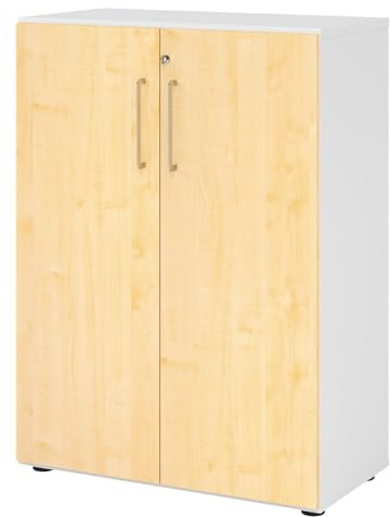 bümö Aktenschrank abschließbar, Büroschrank Holz 80cm breit in Weiß/Ahorn - abschließbarer Schrank mit Aktenregal für's Büro & Arbeitszimmer, Büro Möbel Ordnerschrank mit Schloss