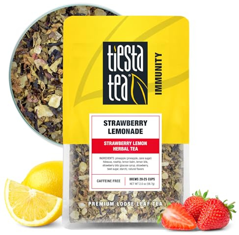 Tiesta Tea - Limonada de fresa, hojas sueltas, té de hierbas de fresa y limón, mezcla de frutas sin cafeína de primera calidad, para hacer caliente o helado y prepara hasta 25 tazas, bolsa resellable