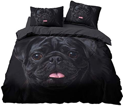 Set Biancheria da Letto Animale 3D Prateria Giraffa Cavallo Foresta Leopardo Carlino Nero Gufo Grigio Gatto Arancione Copripiumino con Federa, Microfibra Poliestere (Nero, 220_x_240_cm)
