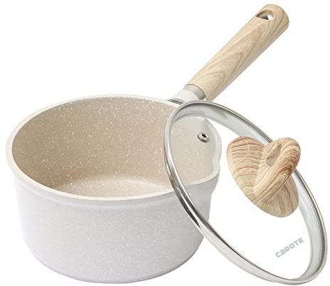 CAROTE Saucepan with Lid 16cm/1.5L, Nonstick Milk Pan for Induction, Gas and Electric Hobs, Small Cooking Pot with Pour Spout (16CM, Beige Granite)