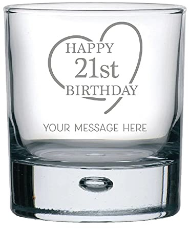 21st Birthday Engraved Whiskey Glass - Personalised Message with a Happy 21st Birthday Heart Design