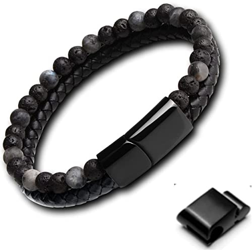 GENAC Bracelet Original Pour Hommes En Perles De Pierres Naturelles 6mm Et Cuir Véritable Avec Fermoir Magnétique Amovible En Acier Inoxydable Pour Régler Facilement La Longueur.