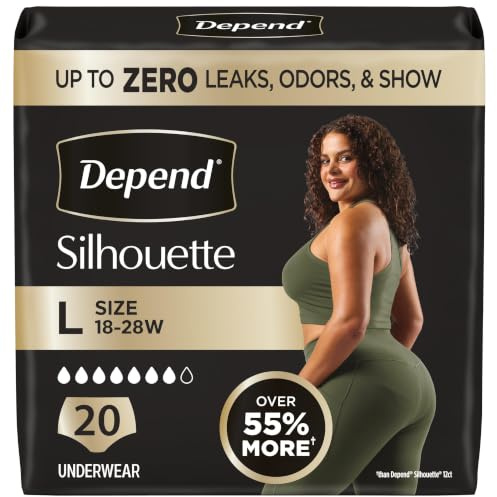 Depend Silhouette Adult Diapers, Incontinence & Postpartum Bladder Leak Underwear for Women, Maximum Absorbency, Large, Pink, 20 Count, Packaging May Vary